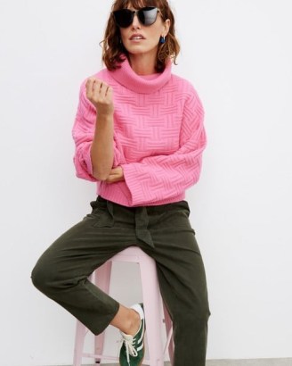 OLIVER BONAS Pink Stitch Roll Neck Knitted Jumper ~ women’s woven pattern sweater ~ womens slouchy high neck jumpers - flipped