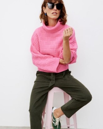 OLIVER BONAS Pink Stitch Roll Neck Knitted Jumper ~ women’s woven pattern sweater ~ womens slouchy high neck jumpers