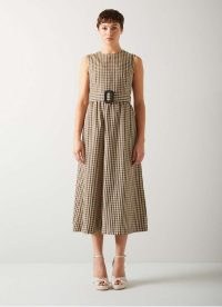 L.K. BENNETT Rae Brown And Cream Gingham Fit And Flare Dress ~ women’s checked sleeveless midi dresses