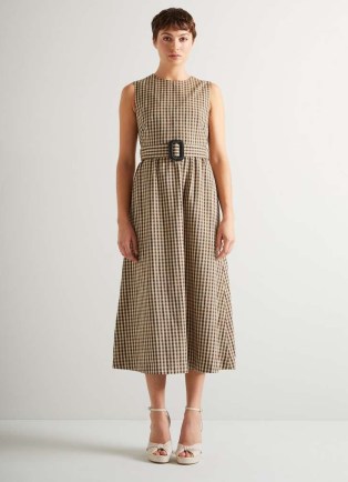 L.K. BENNETT Rae Brown And Cream Gingham Fit And Flare Dress ~ women’s checked sleeveless midi dresses - flipped