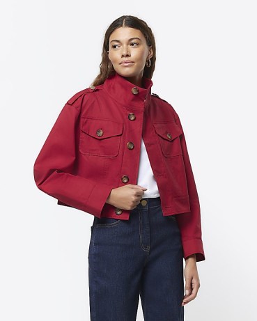 RIVER ISLAND Red Crop Trench Jacket ~ women’s cropped utility jackets - flipped