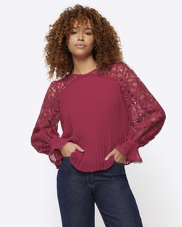RIVER ISLAND Red Plisse Lace Sleeve Blouse ~ semi sheer sleeved blouses - flipped