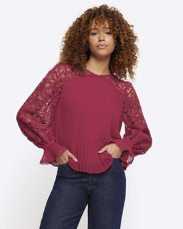 RIVER ISLAND Red Plisse Lace Sleeve Blouse ~ semi sheer sleeved blouses