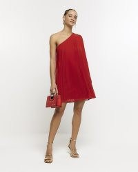RIVER ISLAND Red Plisse One Shoulder Shift Mini Dress ~ floaty asymmetric party dresses