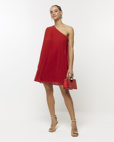 RIVER ISLAND Red Plisse One Shoulder Shift Mini Dress ~ floaty asymmetric party dresses - flipped