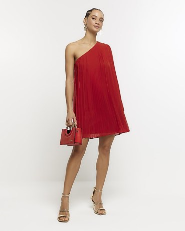 RIVER ISLAND Red Plisse One Shoulder Shift Mini Dress ~ floaty asymmetric party dresses