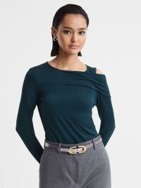 Reiss ADELINE DRAPED SHOULDER TOP in Teal – blue-green fitted long sleeve cut out tops