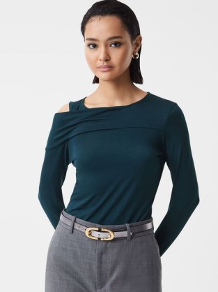 Reiss ADELINE DRAPED SHOULDER TOP in Teal – blue-green fitted long sleeve cut out tops - flipped
