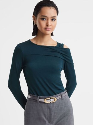 Reiss ADELINE DRAPED SHOULDER TOP in Teal – blue-green fitted long sleeve cut out tops