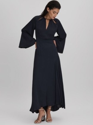 REISS ANDRA FLUTE SLEEVE MIDI DRESS in NAVY – women’s dark blue wide sleeved occasion dresses – cut out detail evening fashion - flipped