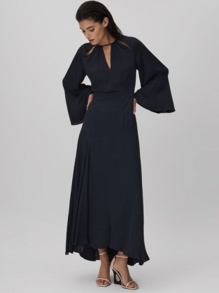 REISS ANDRA FLUTE SLEEVE MIDI DRESS in NAVY – women’s dark blue wide sleeved occasion dresses – cut out detail evening fashion