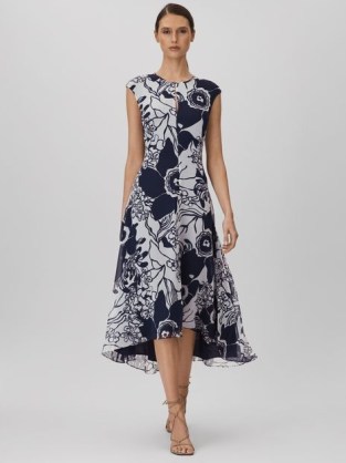 Reiss BECCI PRINTED OPEN BACK MIDI DRESS in BLUE – sleeveless dip hem occasion dresses – asymmetric hemline event clothing – front keyhole cut out - flipped