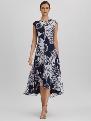 Reiss BECCI PRINTED OPEN BACK MIDI DRESS in BLUE – sleeveless dip hem occasion dresses – asymmetric hemline event clothing – front keyhole cut out