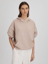 REISS CODY COTTON BLEND CREW NECK HOODIE STONE ~ women’s relaxed kangaroo pocket hoodies ~ womens hooded pullover tops