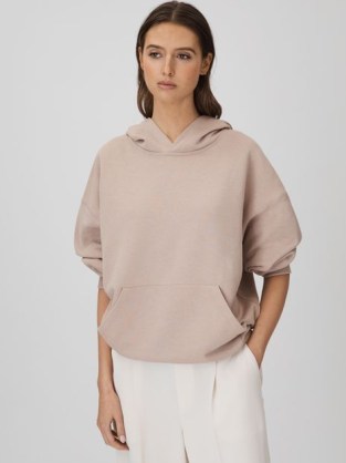 REISS CODY COTTON BLEND CREW NECK HOODIE STONE ~ women’s relaxed kangaroo pocket hoodies ~ womens hooded pullover tops - flipped