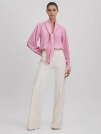 REISS ELLA TIE NECK ZIP FRONT BLOUSE PINK ~ pussy bow blouses ~ pussybow clothing