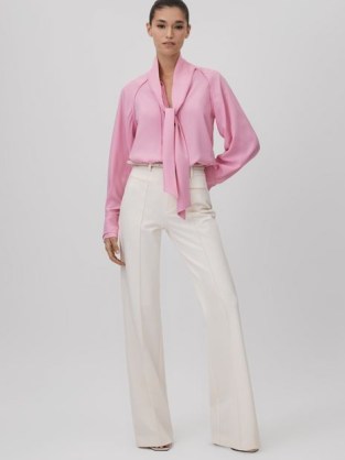 REISS ELLA TIE NECK ZIP FRONT BLOUSE PINK ~ pussy bow blouses ~ pussybow clothing - flipped