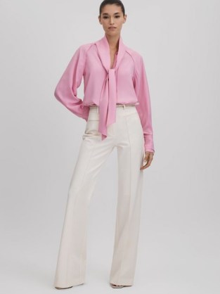 REISS ELLA TIE NECK ZIP FRONT BLOUSE PINK ~ pussy bow blouses ~ pussybow clothing