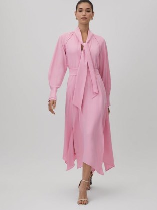 REISS ERICA TIE NECK ZIP FRONT MIDI DRESS in PINK ~ long sleeve pussybow dresses with flowing asymmetric hemline - flipped