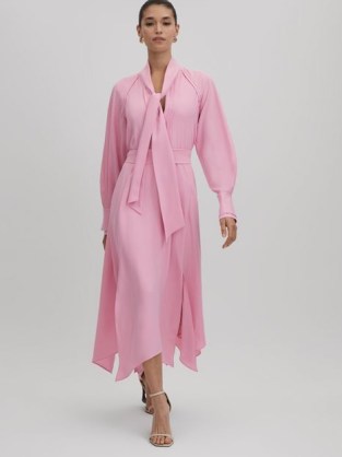 REISS ERICA TIE NECK ZIP FRONT MIDI DRESS in PINK ~ long sleeve pussybow dresses with flowing asymmetric hemline