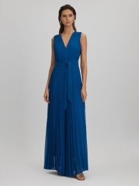 Reiss ESTELLE PLEATED BELTED JUMPSUIT in Cobalt – floaty sleeveless wide leg jumpsuits – flowing occasion clothing
