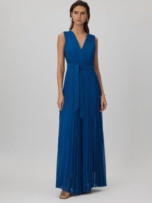 Reiss ESTELLE PLEATED BELTED JUMPSUIT in Cobalt – floaty sleeveless wide leg jumpsuits – flowing occasion clothing - flipped