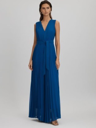 Reiss ESTELLE PLEATED BELTED JUMPSUIT in Cobalt – floaty sleeveless wide leg jumpsuits – flowing occasion clothing
