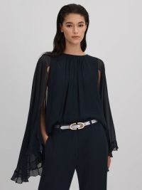 REISS FRANCESCA PLEATED CAPE STYLE TOP BLACK ~ flowing semi sheer evening occasion tops