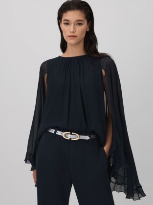 REISS FRANCESCA PLEATED CAPE STYLE TOP BLACK ~ flowing semi sheer evening occasion tops - flipped