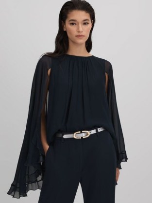REISS FRANCESCA PLEATED CAPE STYLE TOP BLACK ~ flowing semi sheer evening occasion tops