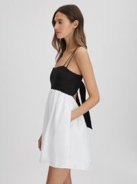 REISS HADLEY LINEN COLOURBLOCK MINI DRESS BLACK / WHITE ~ strappy monochrome dresses ~ chic colour block summer fashion