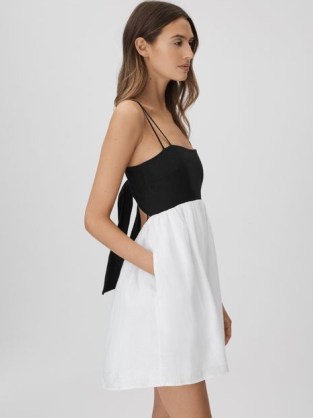 REISS HADLEY LINEN COLOURBLOCK MINI DRESS BLACK / WHITE ~ strappy monochrome dresses ~ chic colour block summer fashion - flipped