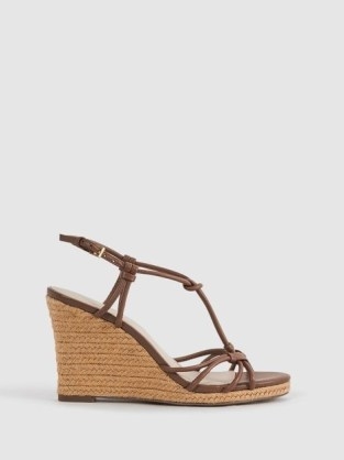 REISS ISABELLA LEATHER KNOT DETAIL WEDGE SANDALS in TAN ~ brown knotted wedges ~ strappy wedged sandal - flipped