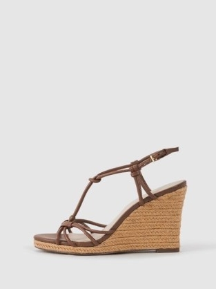 REISS ISABELLA LEATHER KNOT DETAIL WEDGE SANDALS in TAN ~ brown knotted wedges ~ strappy wedged sandal