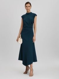 REISS JESSA RUCHED MIDI DRESS TEAL ~ chic cap sleeve high neck asymmetric occasion dresses ~ women’s blue-green event clothing