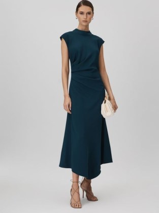REISS JESSA RUCHED MIDI DRESS TEAL ~ chic cap sleeve high neck asymmetric occasion dresses ~ women’s blue-green event clothing - flipped