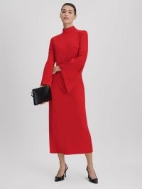 REISS KATYA FLUTE SLEEVE BODYCON MIDI DRESS in RED / chic wide sleeved high neck occasion dresses