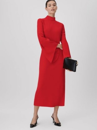 REISS KATYA FLUTE SLEEVE BODYCON MIDI DRESS in RED / chic wide sleeved high neck occasion dresses - flipped