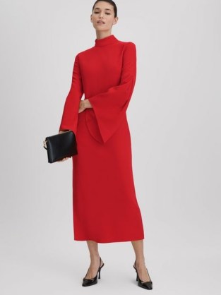 REISS KATYA FLUTE SLEEVE BODYCON MIDI DRESS in RED / chic wide sleeved high neck occasion dresses