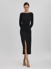 REISS LANA RUCHED JERSEY MIDI DRESS CHARCOAL ~ chic long sleeve split hem bodycon ~ sophisticated evening dresses