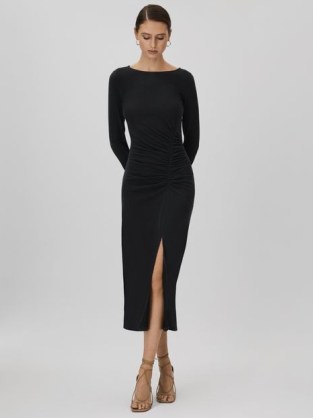REISS LANA RUCHED JERSEY MIDI DRESS CHARCOAL ~ chic long sleeve split hem bodycon ~ sophisticated evening dresses - flipped