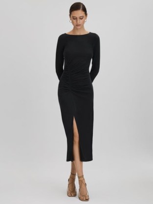 REISS LANA RUCHED JERSEY MIDI DRESS CHARCOAL ~ chic long sleeve split hem bodycon ~ sophisticated evening dresses