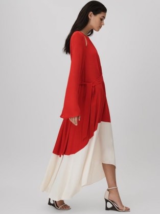 REISS LUELLA COLOURBLOCK FIT-AND-FLARE MIDI DRESS in RED / CREAM – floaty colour block dip hem occasion dresses - flipped