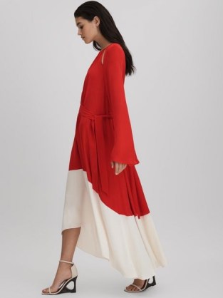 REISS LUELLA COLOURBLOCK FIT-AND-FLARE MIDI DRESS in RED / CREAM – floaty colour block dip hem occasion dresses