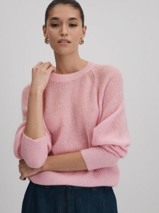 REISS MAE OVERSIZED CREW NECK JUMPER WITH MOHAIR PINK ~ women’s relaxed luxe style sweater ~ womens fluffy jumpers - flipped
