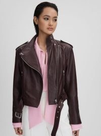 REISS MAEVE CROPPED LEATHER BIKER JACKET BERRY ~ women’s luxe zip detail jackets ~ womens luxury clothing