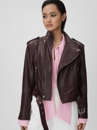 REISS MAEVE CROPPED LEATHER BIKER JACKET BERRY ~ women’s luxe zip detail jackets ~ womens luxury clothing - flipped
