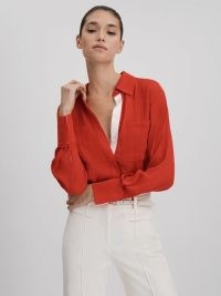 REISS ROSE CONTRAST TRIM BUTTON-THROUGH SHIRT RED ~ women’s chic shirts
