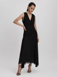 REISS SAFFY RUCHED BODYCON MIDI DRESS BLACK ~ sleeveless gathered detail evening dresses ~ asymmetric occasionwear