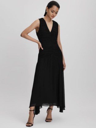 REISS SAFFY RUCHED BODYCON MIDI DRESS BLACK ~ sleeveless gathered detail evening dresses ~ asymmetric occasionwear